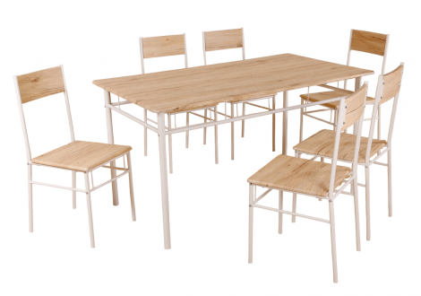 Ensemble Table + 6 chaises JAZZY chêne clair et pieds blancs